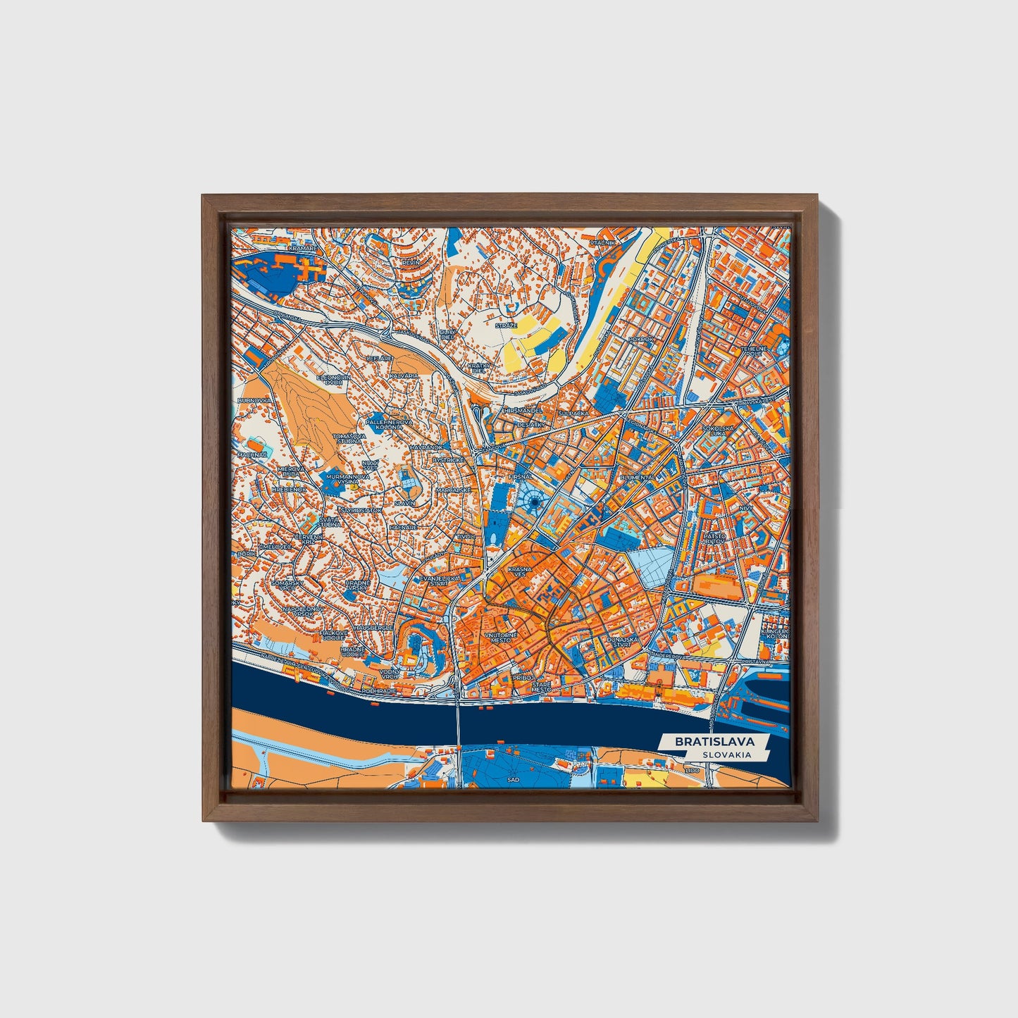 Bratislava Slovakia Colorful City Map Canvas Print • Dark Wooden Framed