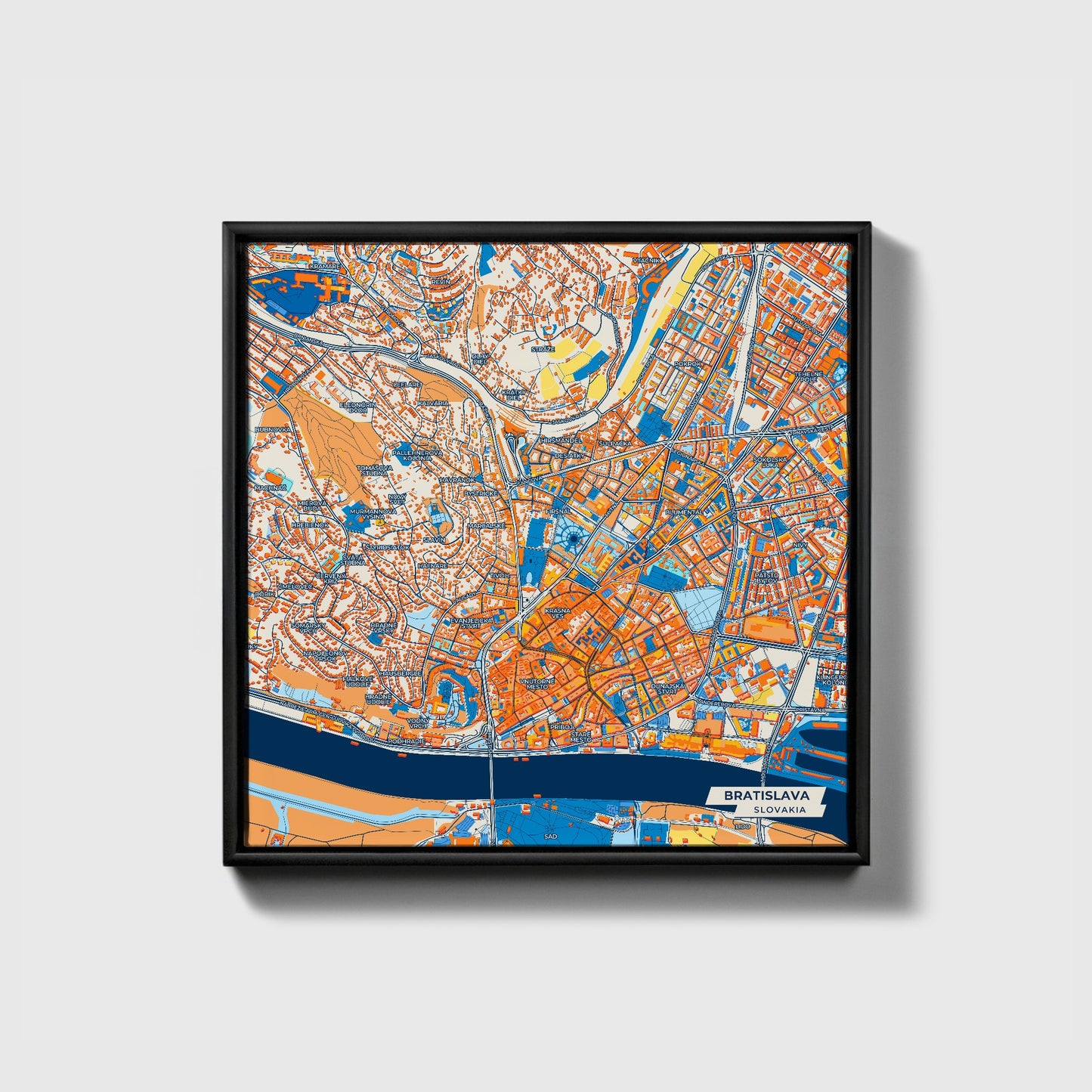Bratislava Slovakia Colorful City Map Canvas Print • Black Framed