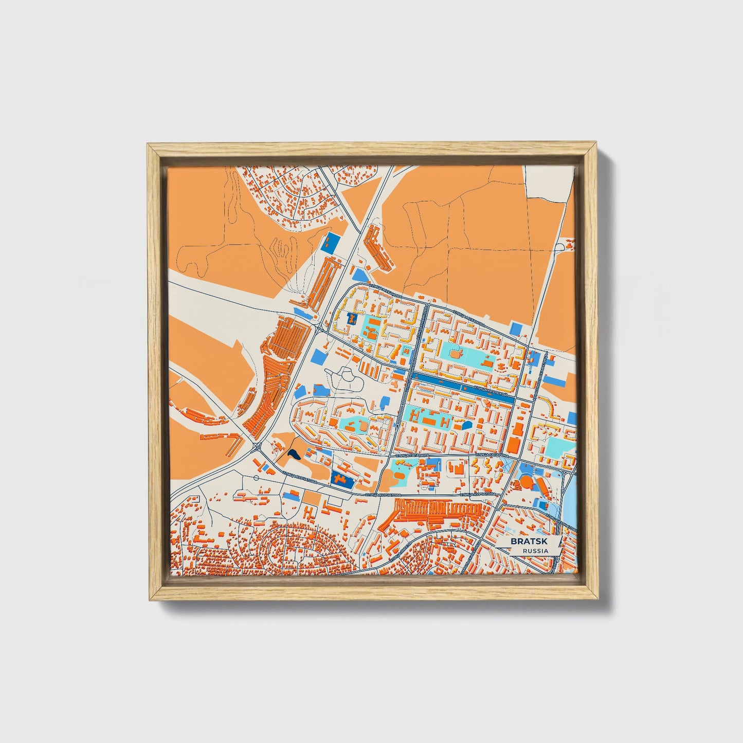 Братск Russia Colorful City Map Canvas Print • Natural Wooden Framed
