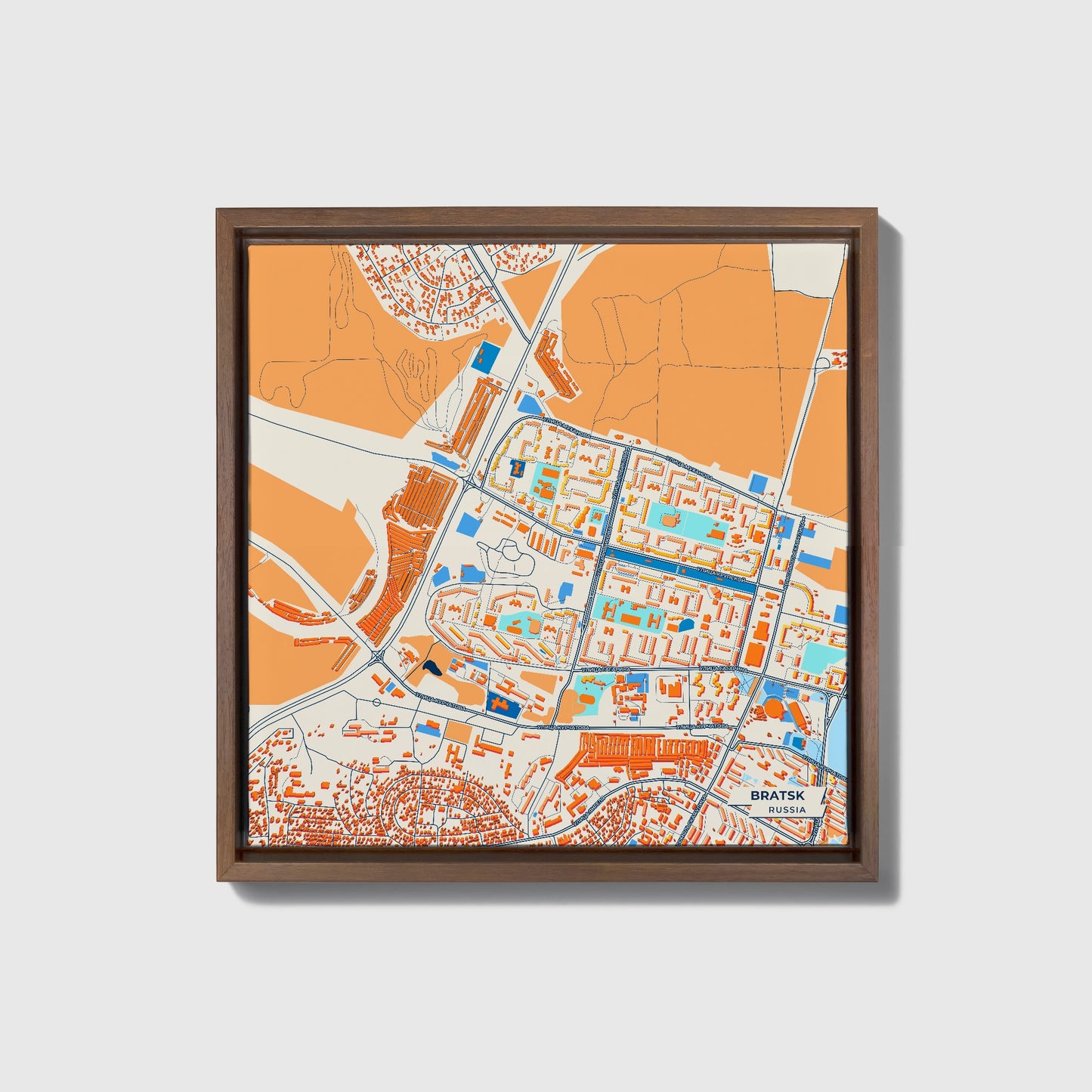 Братск Russia Colorful City Map Canvas Print • Dark Wooden Framed