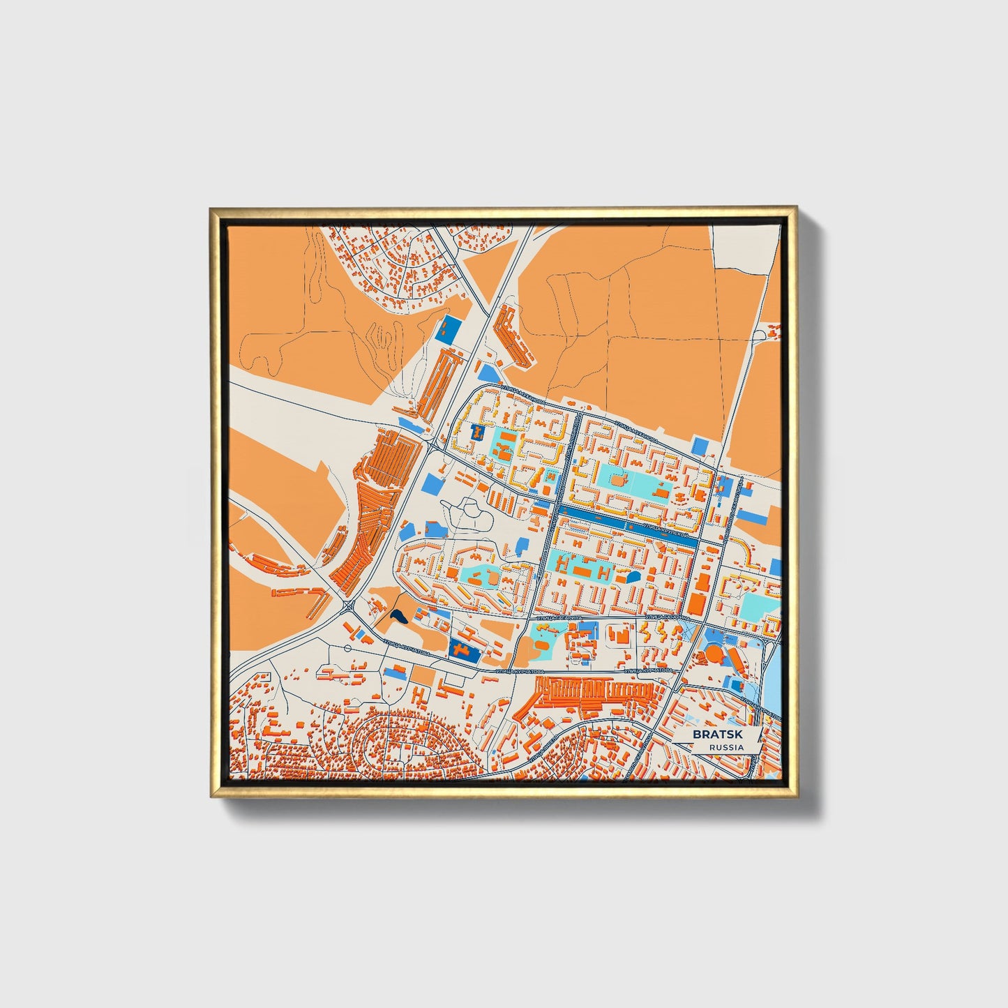 Братск Russia Colorful City Map Canvas Print • Gold Framed