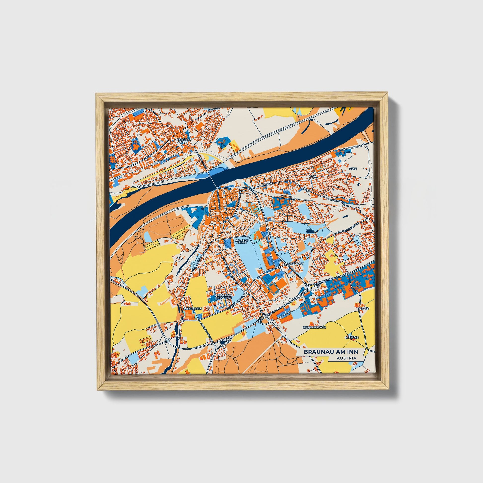 Braunau Am Inn Austria Colorful City Map Canvas Print • Natural Wooden Framed