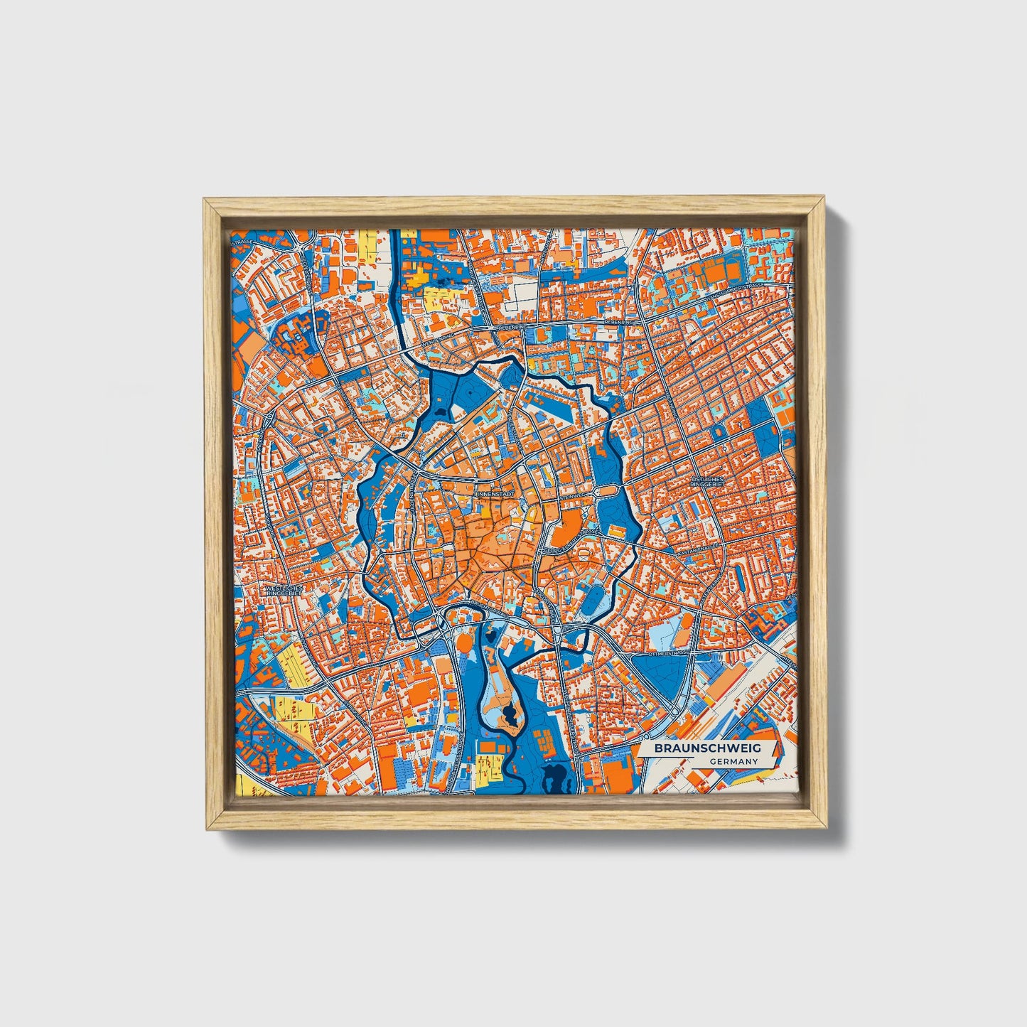 Braunschweig Germany Colorful City Map Canvas Print • Natural Wooden Framed