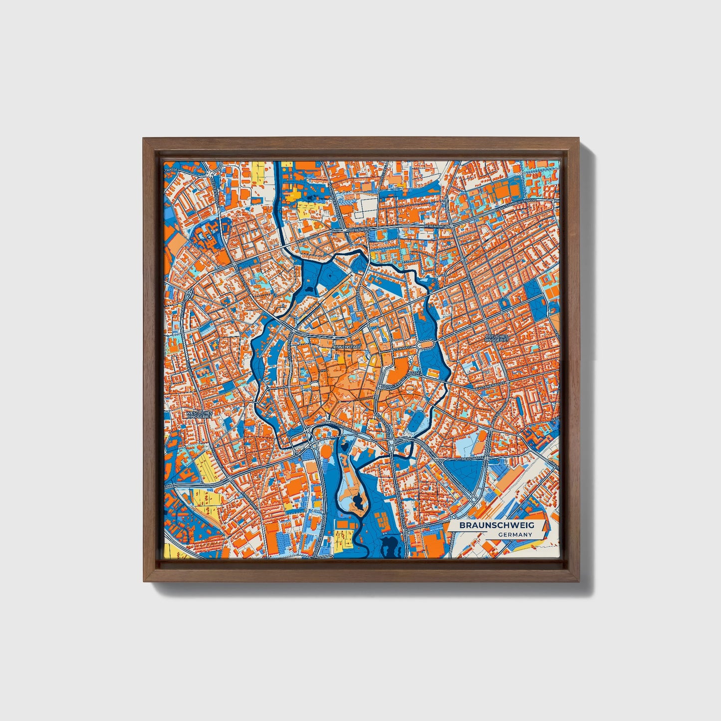 Braunschweig Germany Colorful City Map Canvas Print • Dark Wooden Framed