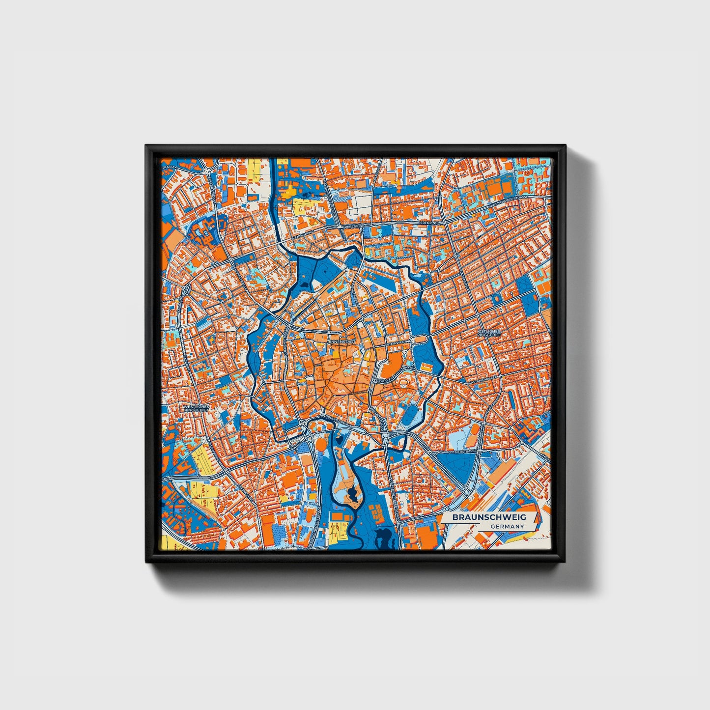 Braunschweig Germany Colorful City Map Canvas Print • Black Framed