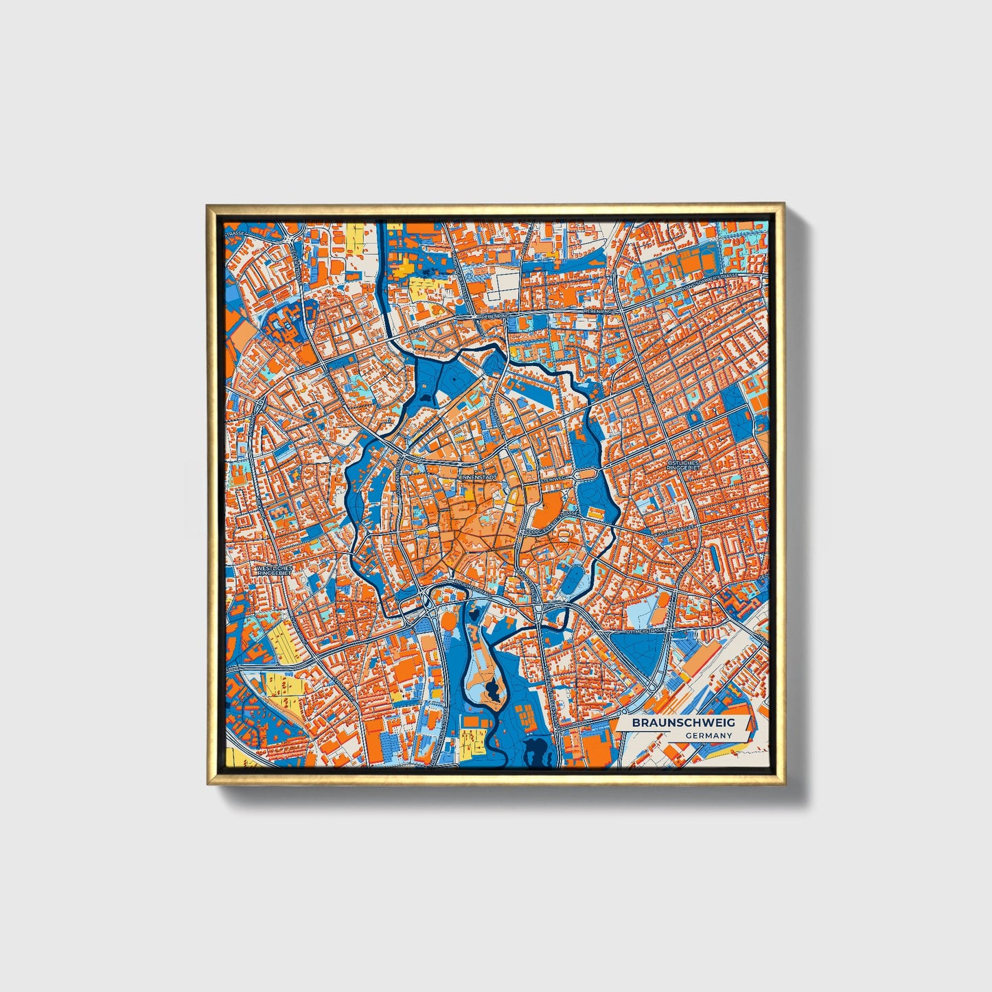 Braunschweig Germany Colorful City Map Canvas Print • Gold Framed