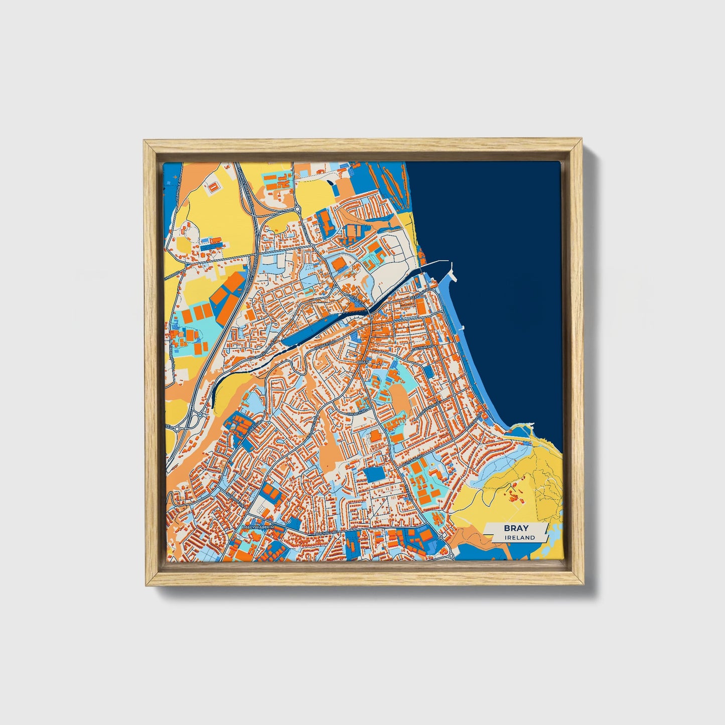 Bray Ireland Colorful City Map Canvas Print • Natural Wooden Framed
