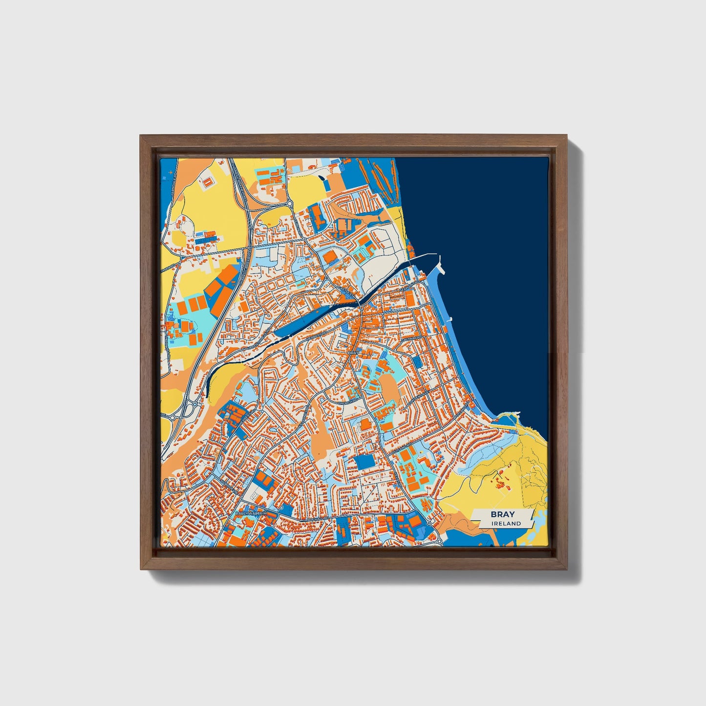 Bray Ireland Colorful City Map Canvas Print • Dark Wooden Framed