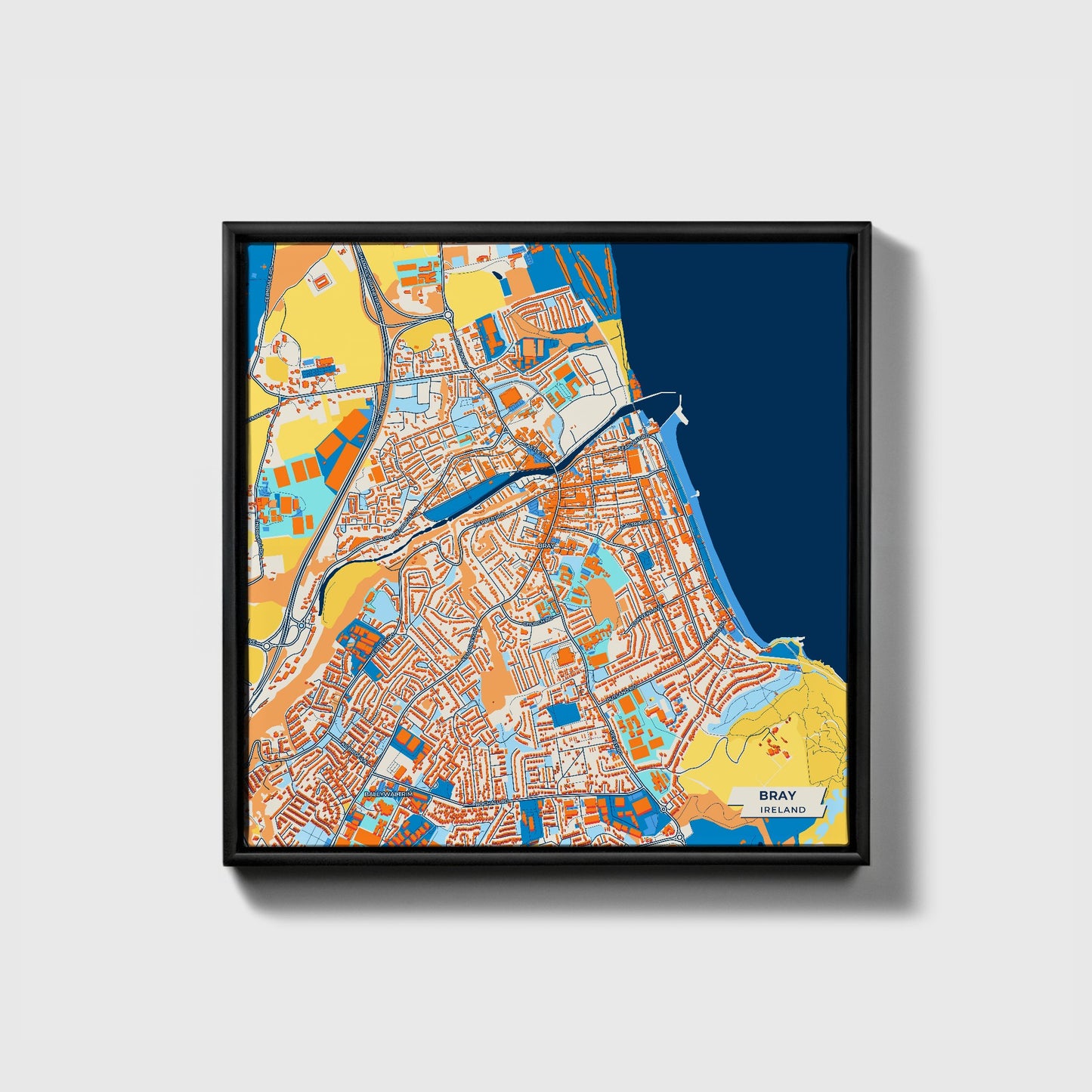 Bray Ireland Colorful City Map Canvas Print • Black Framed