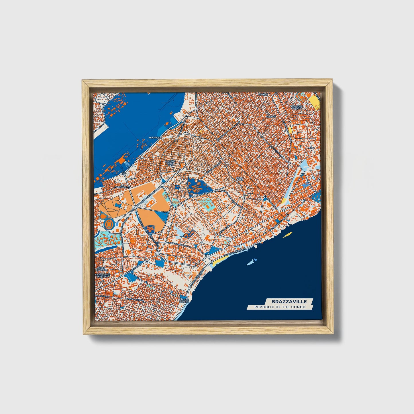 Brazzaville Republic Of The Congo Colorful City Map Canvas Print • Natural Wooden Framed