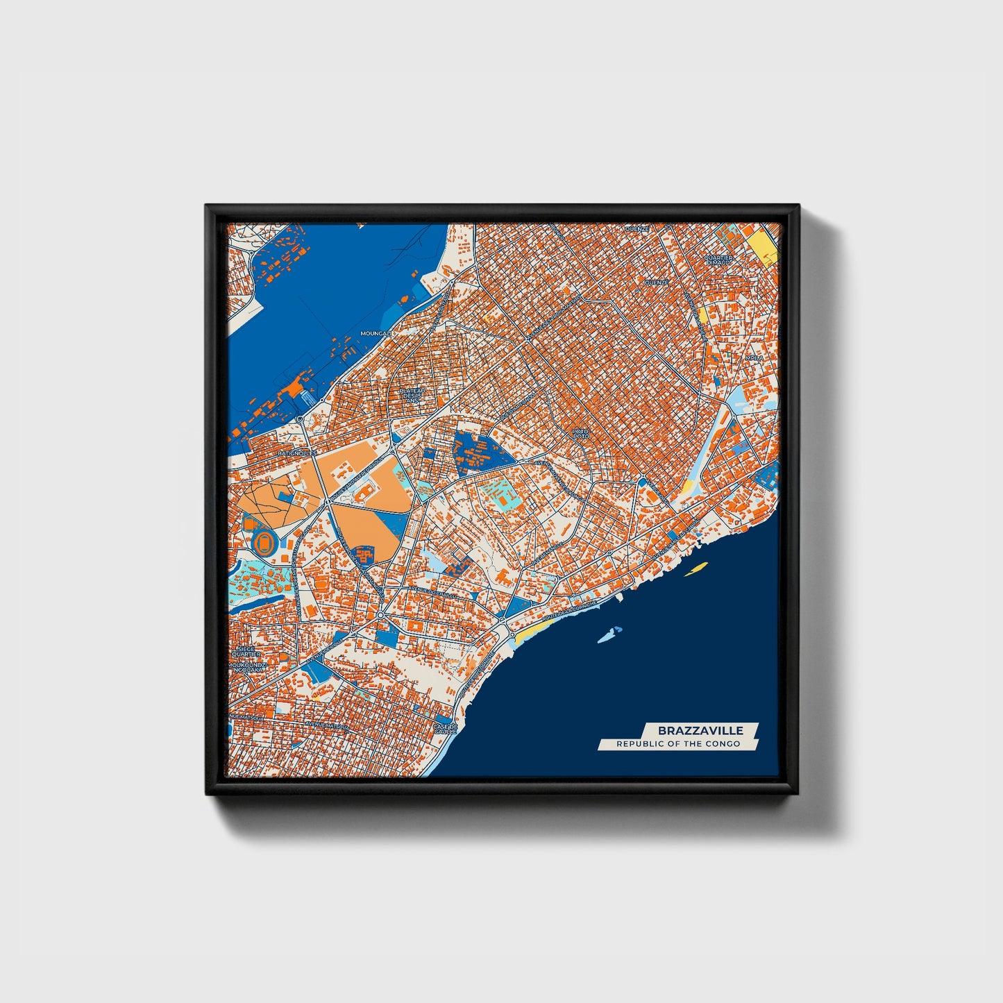 Brazzaville Republic Of The Congo Colorful City Map Canvas Print • Black Framed