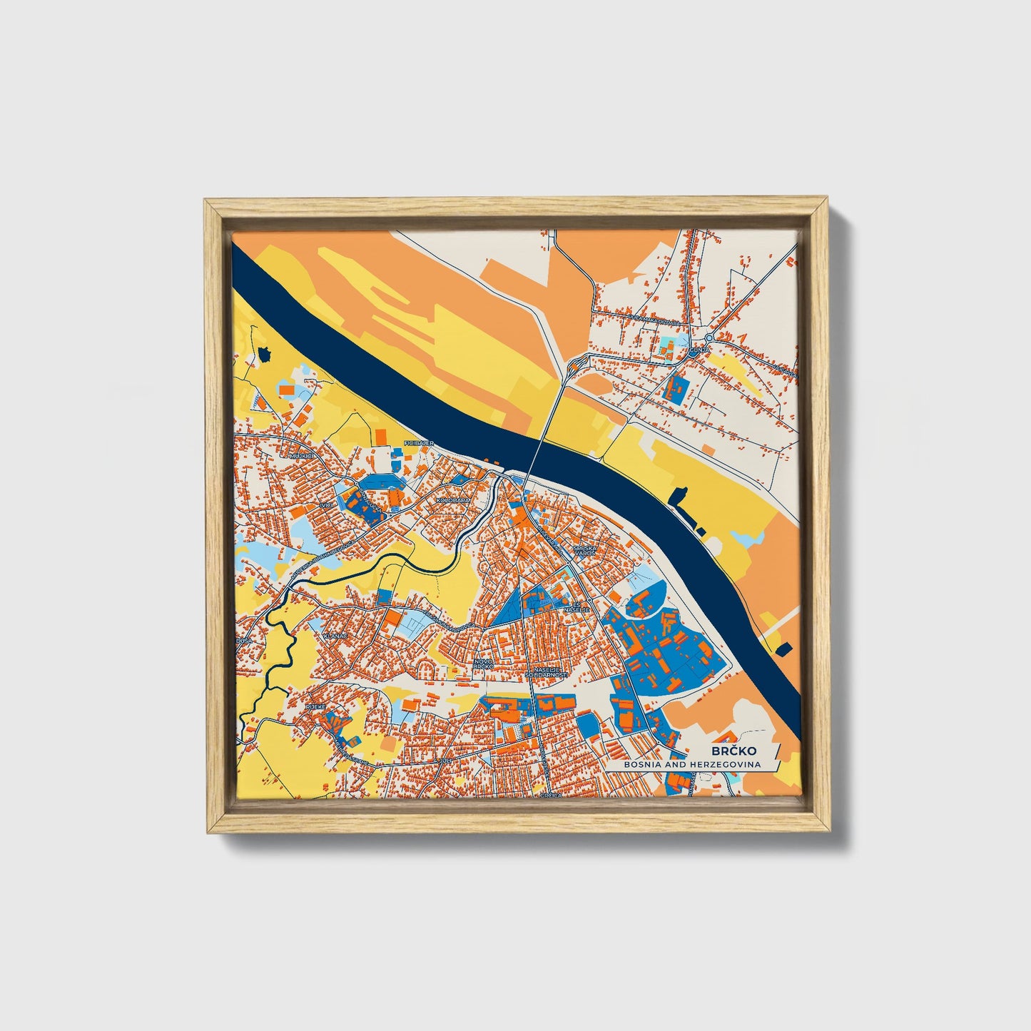 Brčko Bosnia And Herzegovina Colorful City Map Canvas Print • Natural Wooden Framed