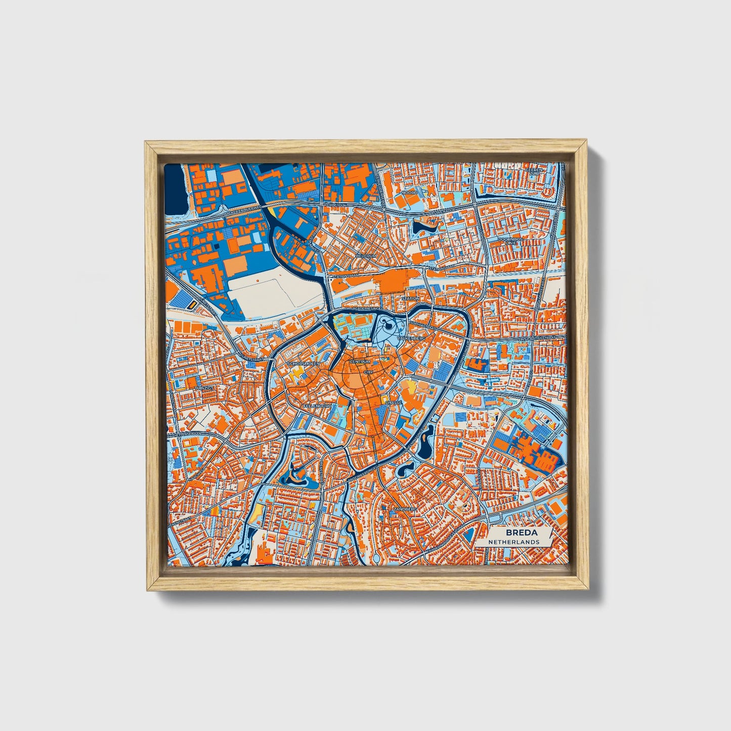 Breda Netherlands Colorful City Map Canvas Print • Natural Wooden Framed