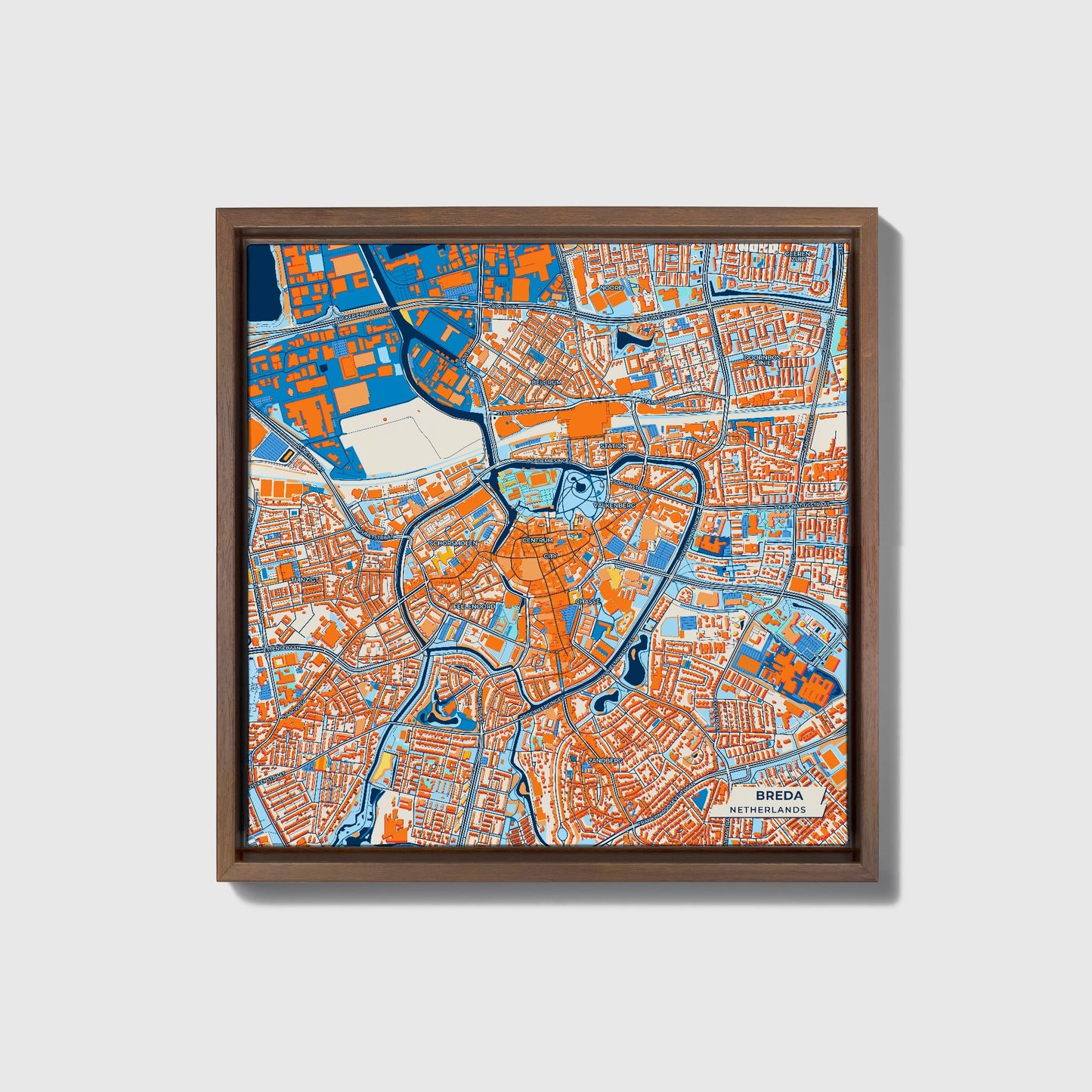Breda Netherlands Colorful City Map Canvas Print • Dark Wooden Framed