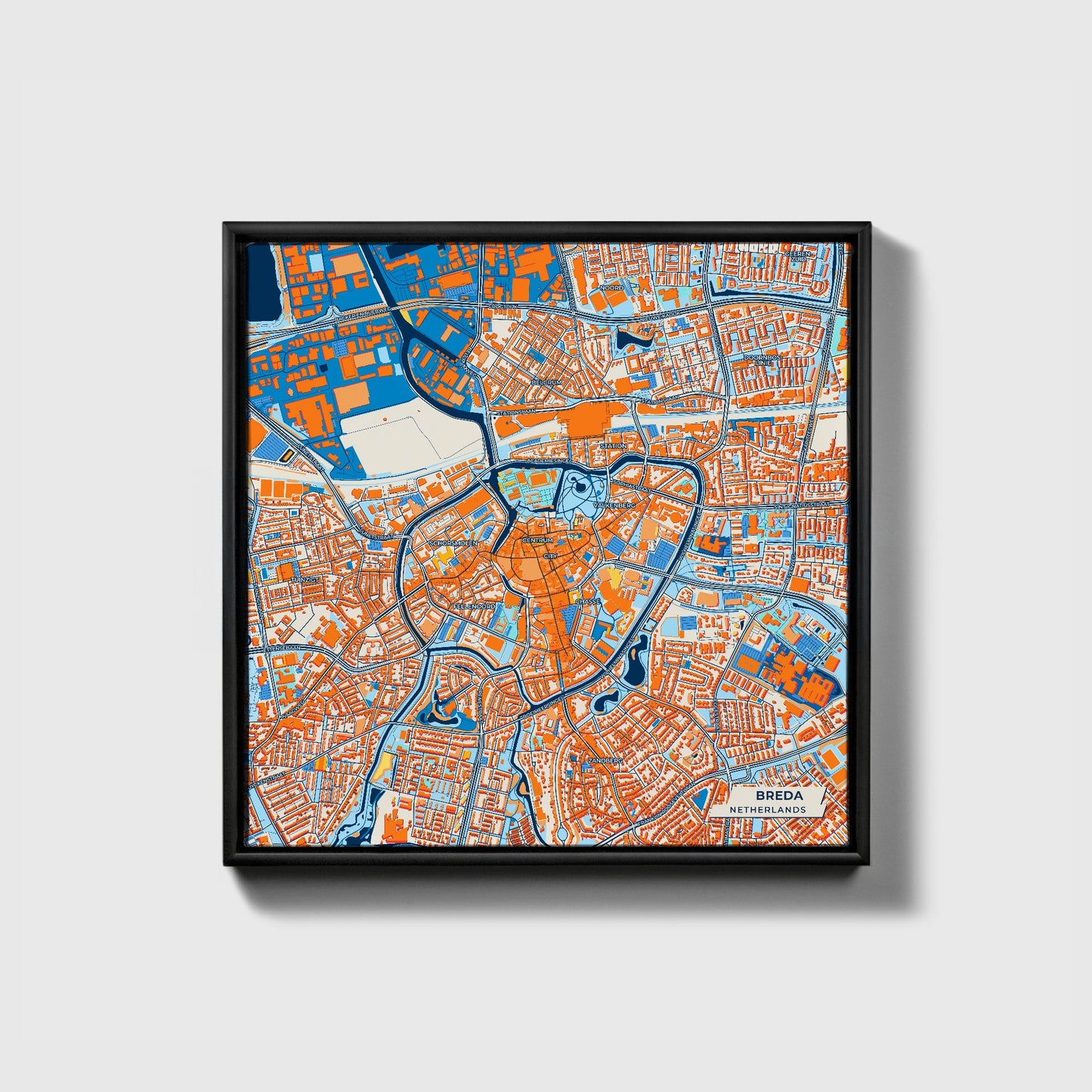 Breda Netherlands Colorful City Map Canvas Print • Black Framed