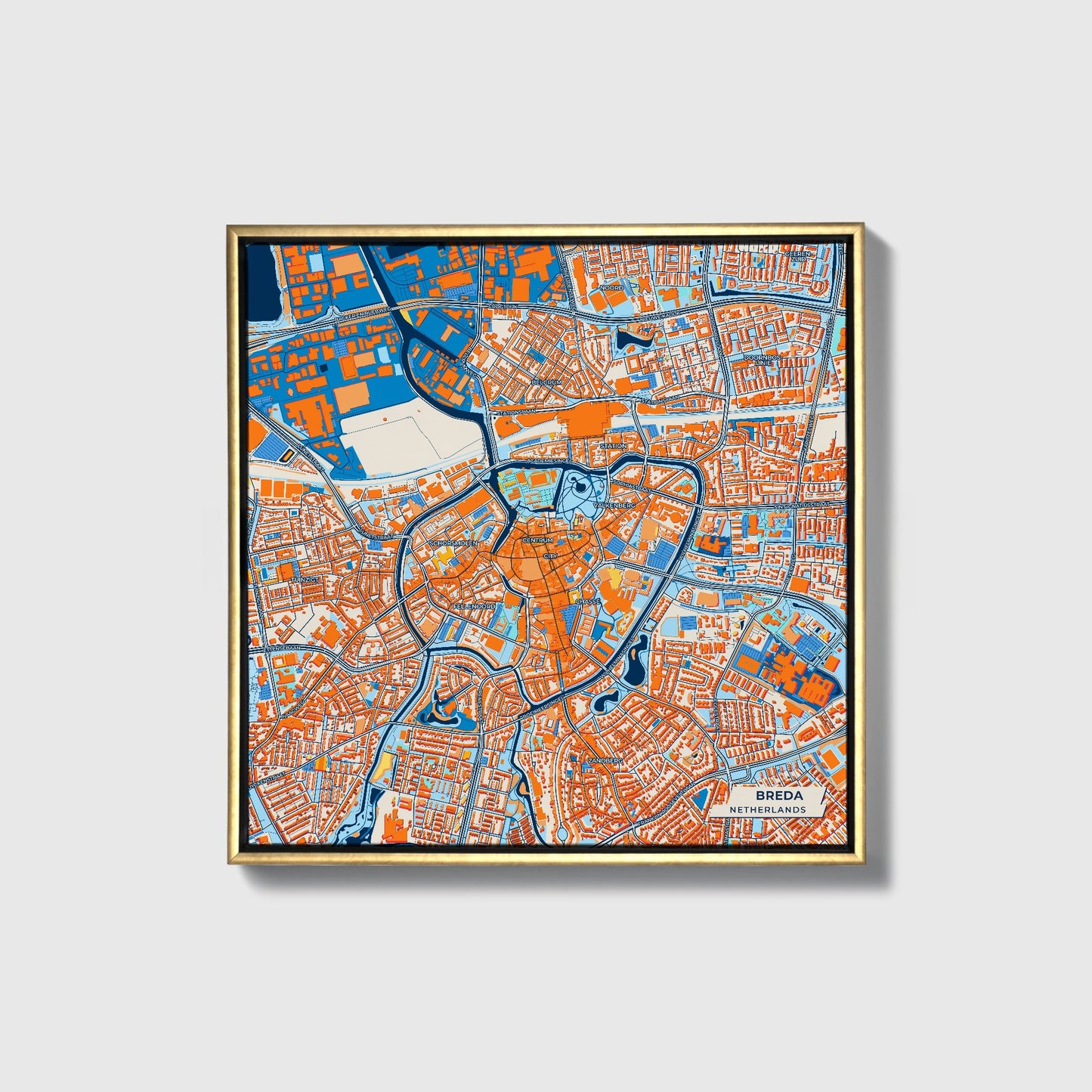 Breda Netherlands Colorful City Map Canvas Print • Gold Framed