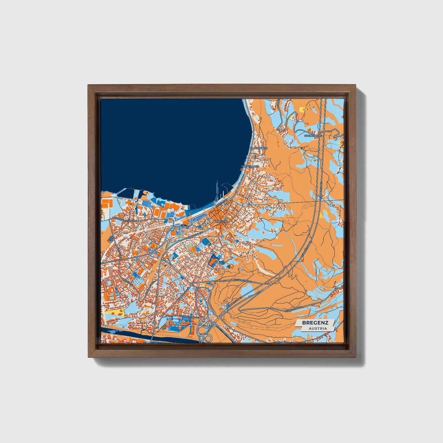 Bregenz Austria Colorful City Map Canvas Print • Dark Wooden Framed