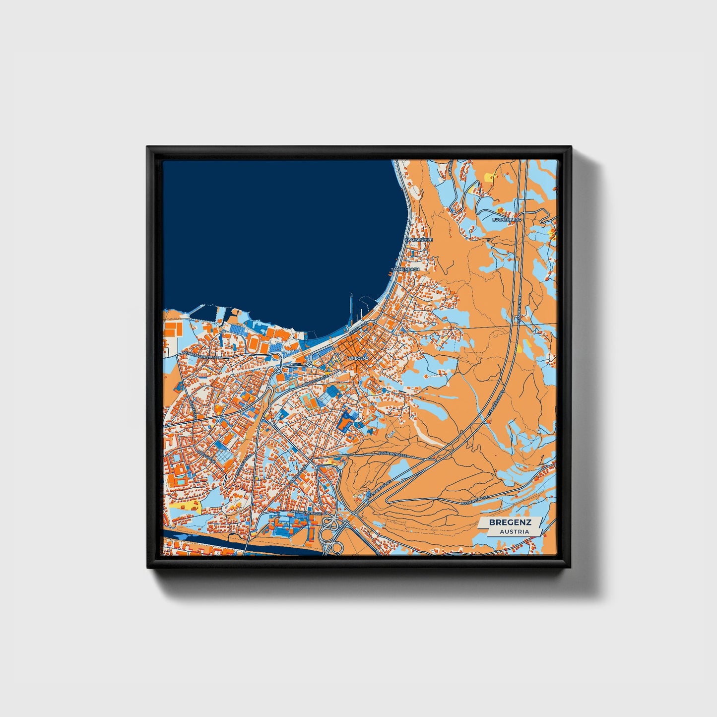 Bregenz Austria Colorful City Map Canvas Print • Black Framed