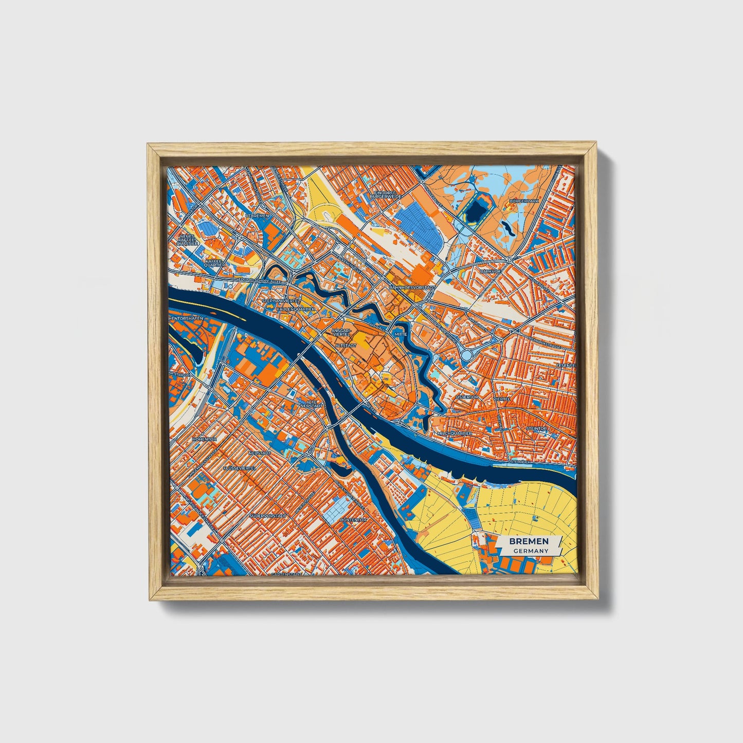 Bremen Germany Colorful City Map Canvas Print • Natural Wooden Framed