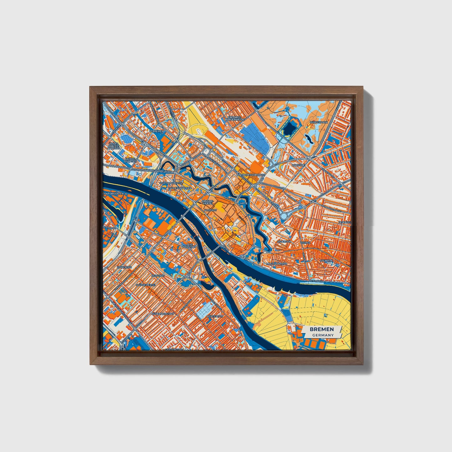 Bremen Germany Colorful City Map Canvas Print • Dark Wooden Framed