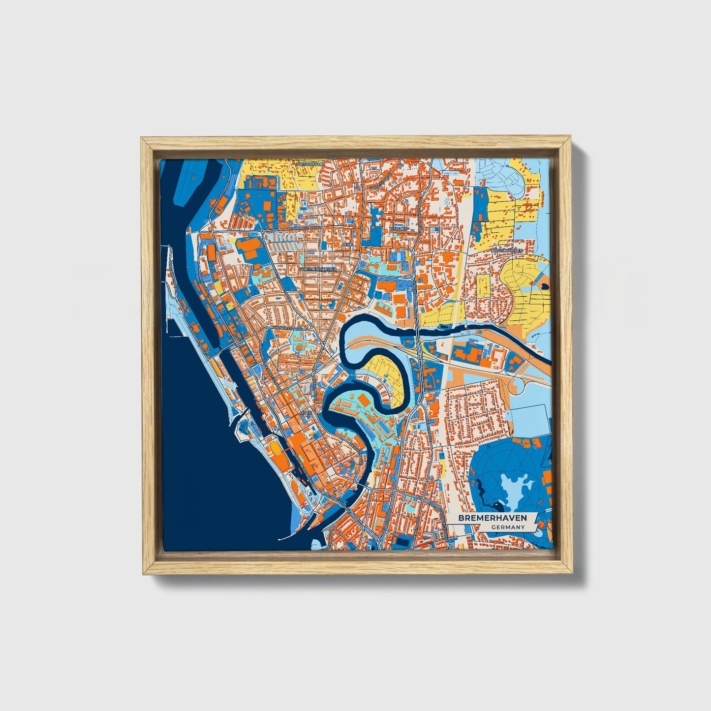 Bremerhaven Germany Colorful City Map Canvas Print • Natural Wooden Framed