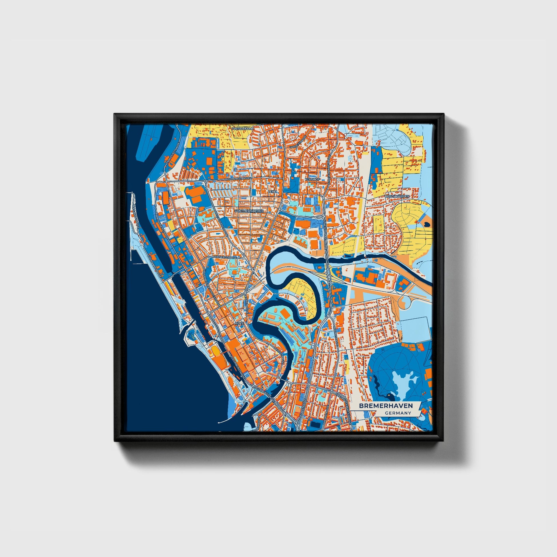 Bremerhaven Germany Colorful City Map Canvas Print • Black Framed