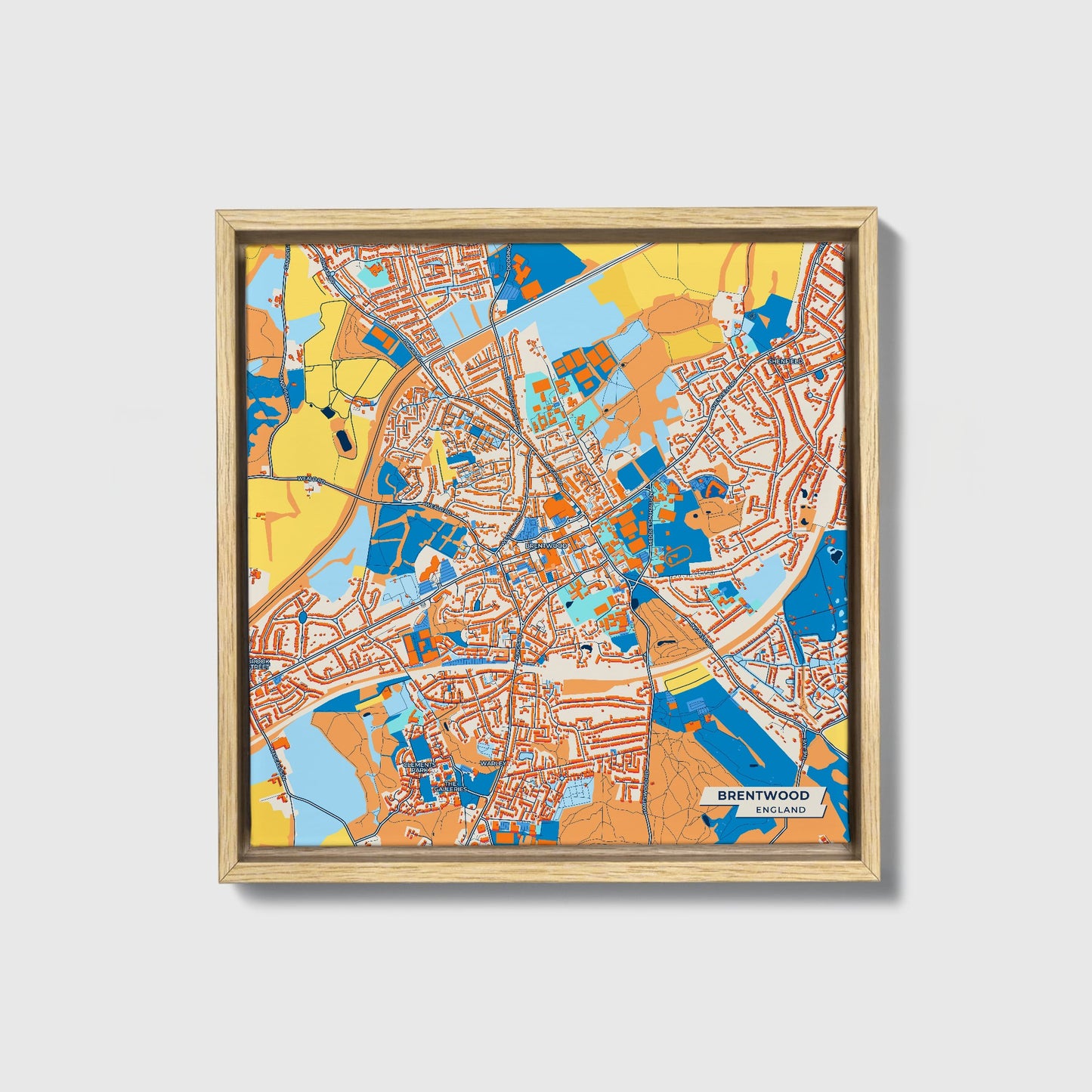 Brentwood England Colorful City Map Canvas Print • Natural Wooden Framed