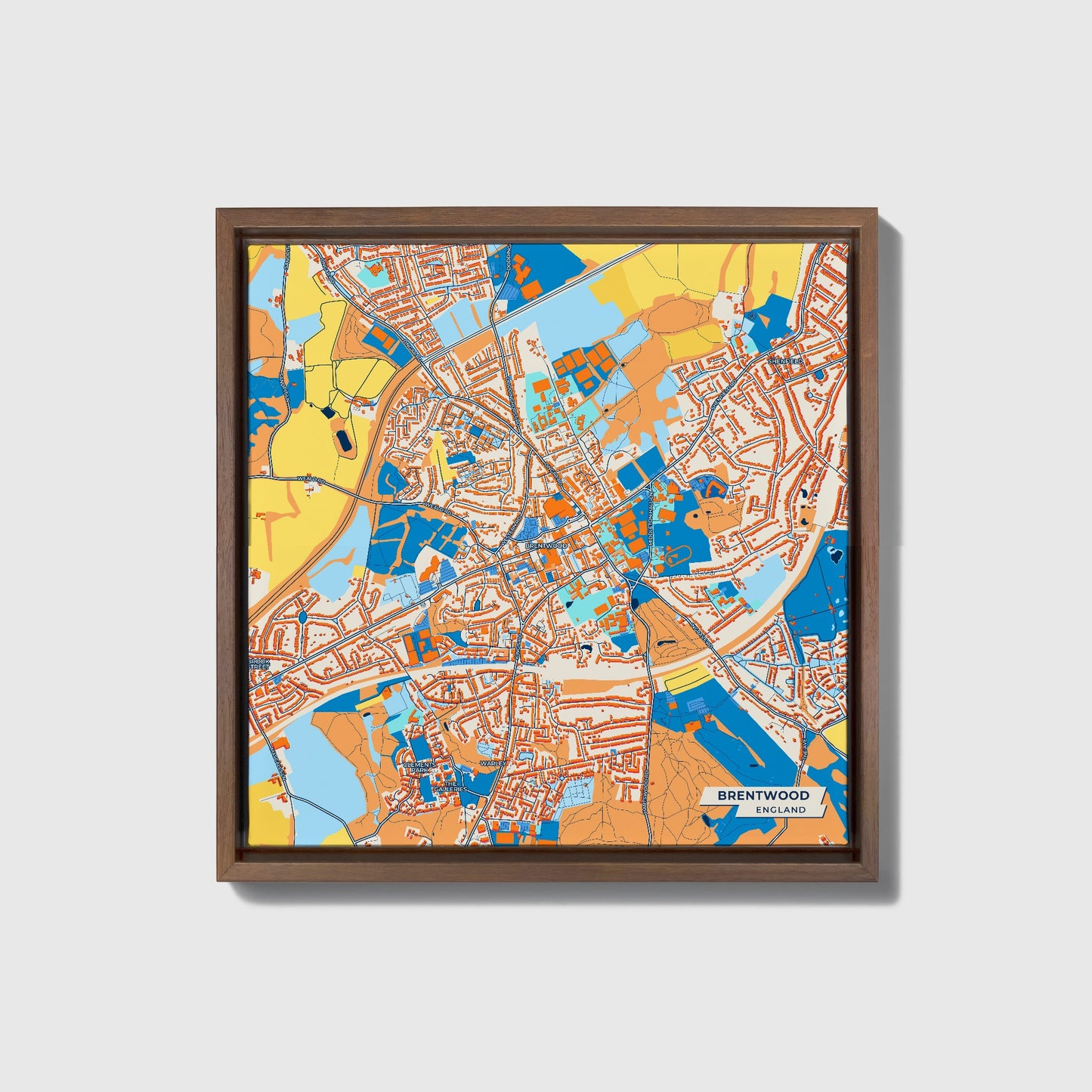 Brentwood England Colorful City Map Canvas Print • Dark Wooden Framed