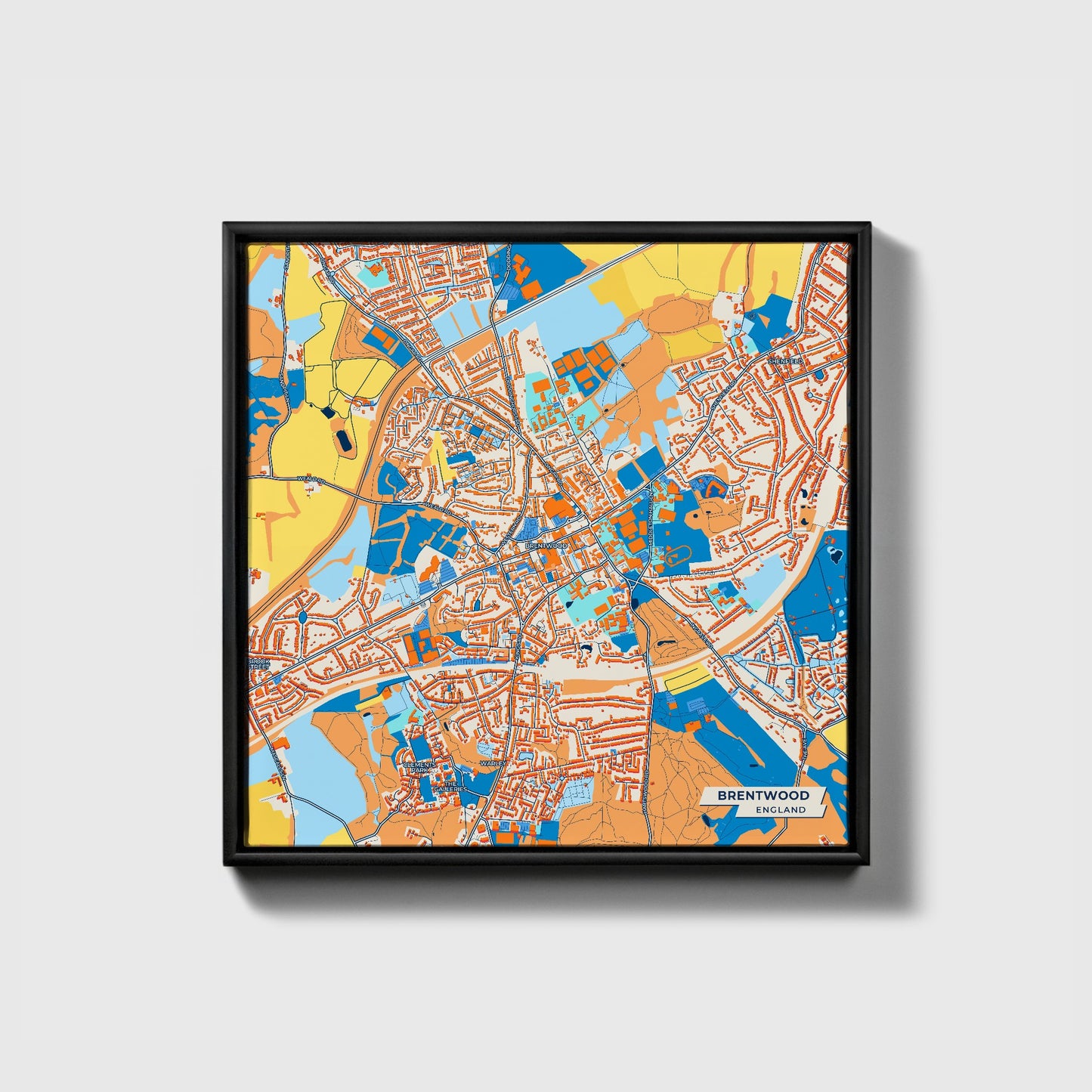 Brentwood England Colorful City Map Canvas Print • Black Framed