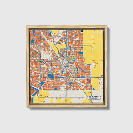 Brentwood California Colorful City Map Canvas Print • Natural Wooden Framed