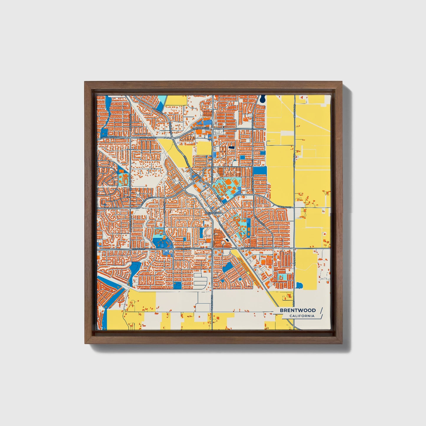 Brentwood California Colorful City Map Canvas Print • Dark Wooden Framed