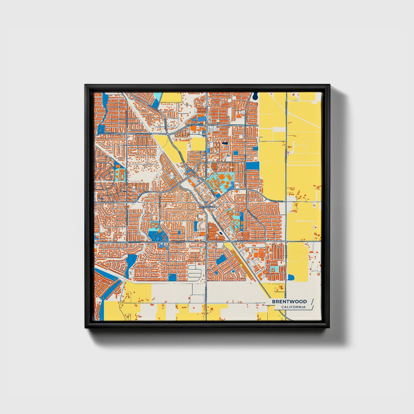 Brentwood California Colorful City Map Canvas Print • Black Framed
