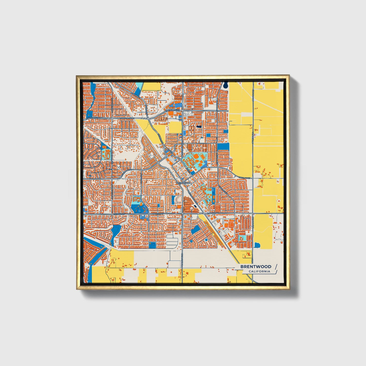 Brentwood California Colorful City Map Canvas Print • Gold Framed