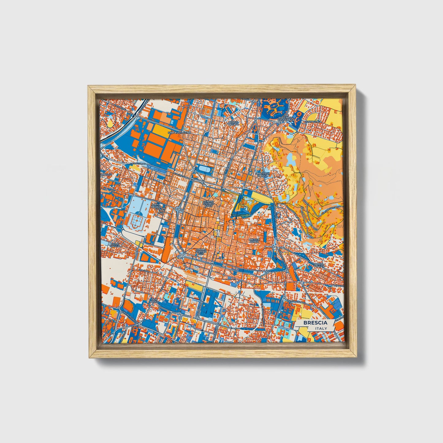Brescia  Italy Colorful City Map Canvas Print • Natural Wooden Framed