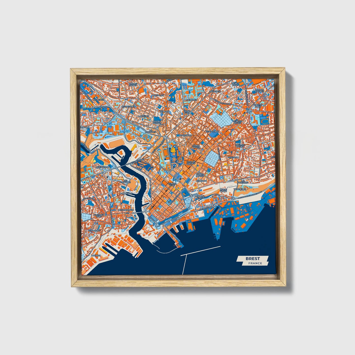 Brest France Colorful City Map Canvas Print • Natural Wooden Framed