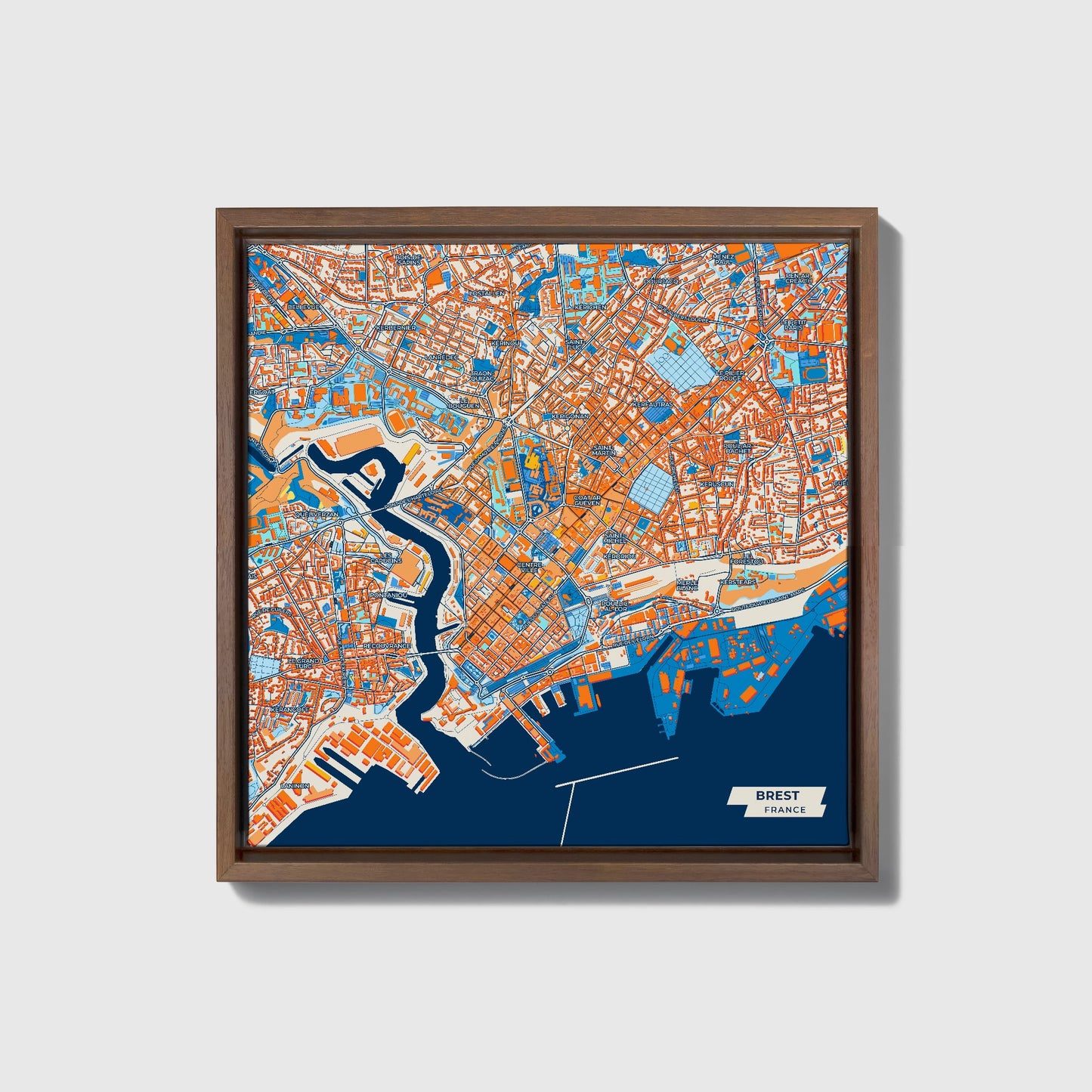 Brest France Colorful City Map Canvas Print • Dark Wooden Framed
