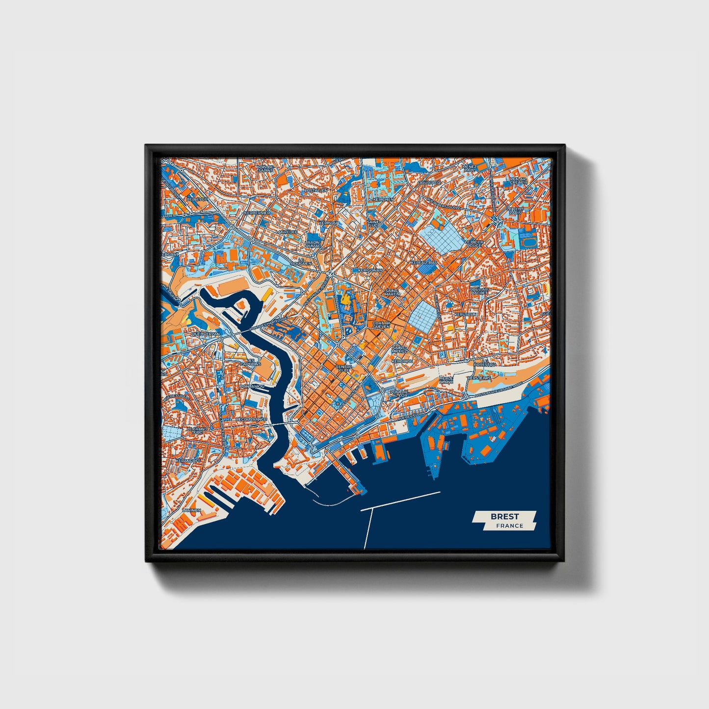 Brest France Colorful City Map Canvas Print • Black Framed
