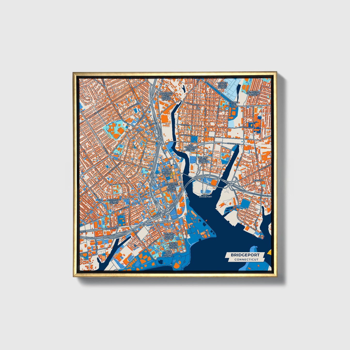 Bridgeport Connecticut Colorful City Map Canvas Print • Gold Framed