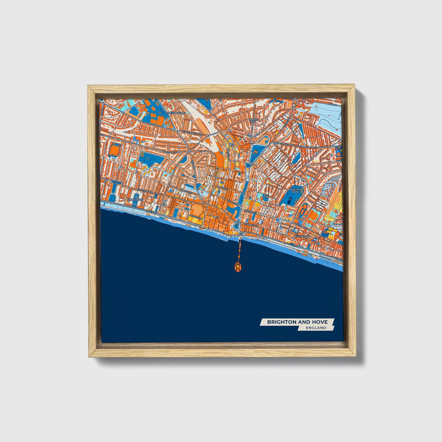 Brighton And Hove England Colorful City Map Canvas Print • Natural Wooden Framed
