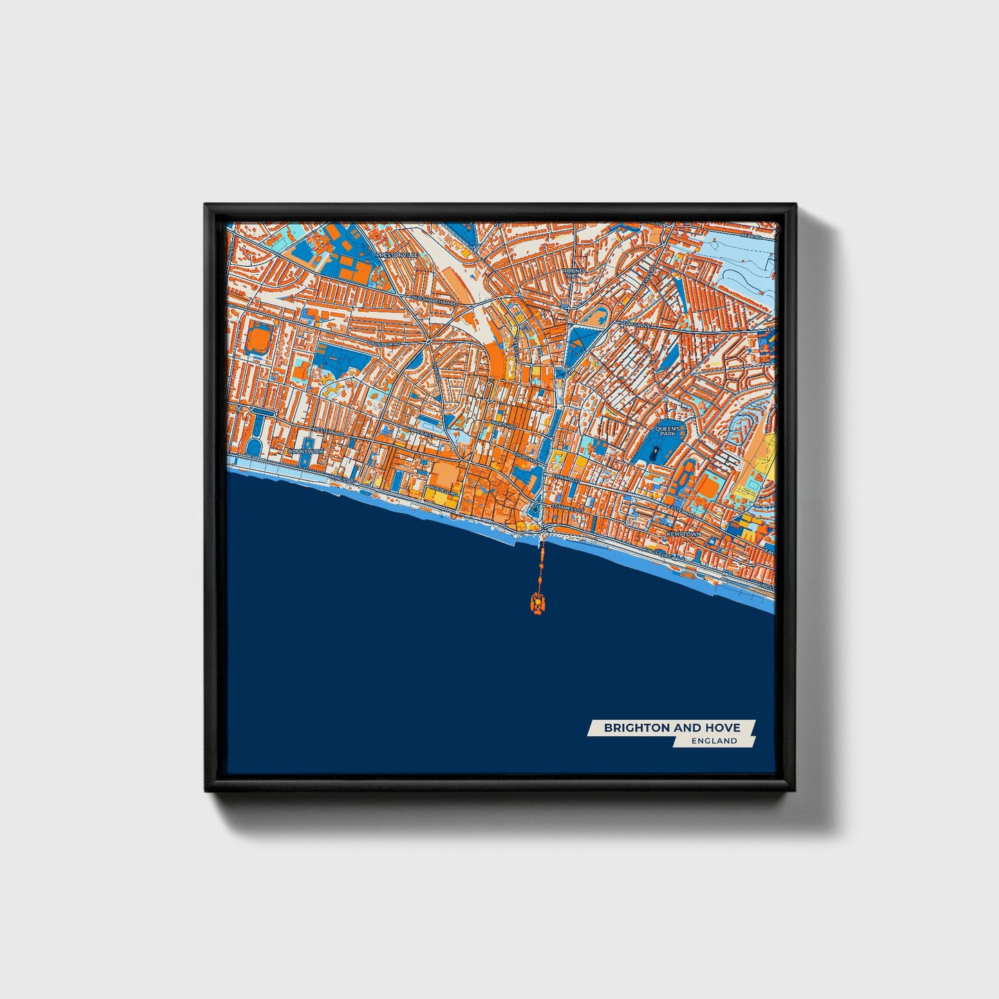 Brighton And Hove England Colorful City Map Canvas Print • Black Framed