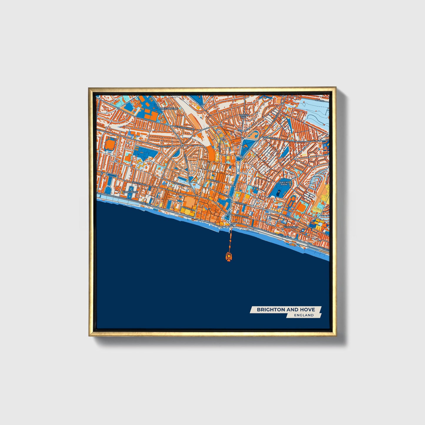 Brighton And Hove England Colorful City Map Canvas Print • Gold Framed