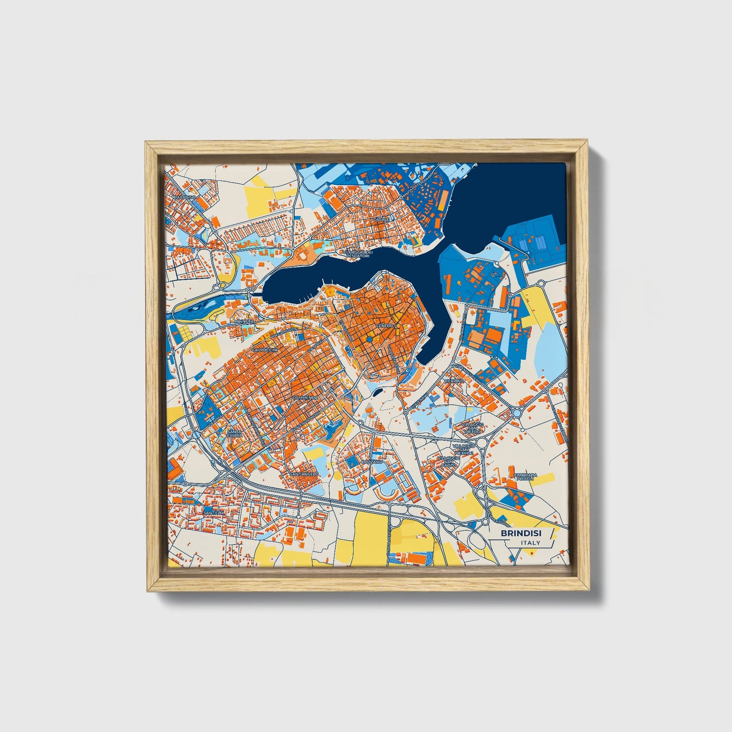 Brindisi Italy Colorful City Map Canvas Print • Natural Wooden Framed