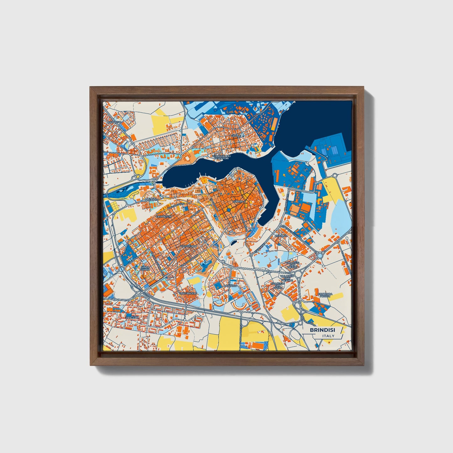 Brindisi Italy Colorful City Map Canvas Print • Dark Wooden Framed