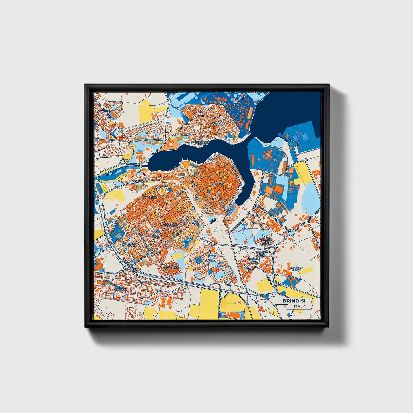Brindisi Italy Colorful City Map Canvas Print • Black Framed