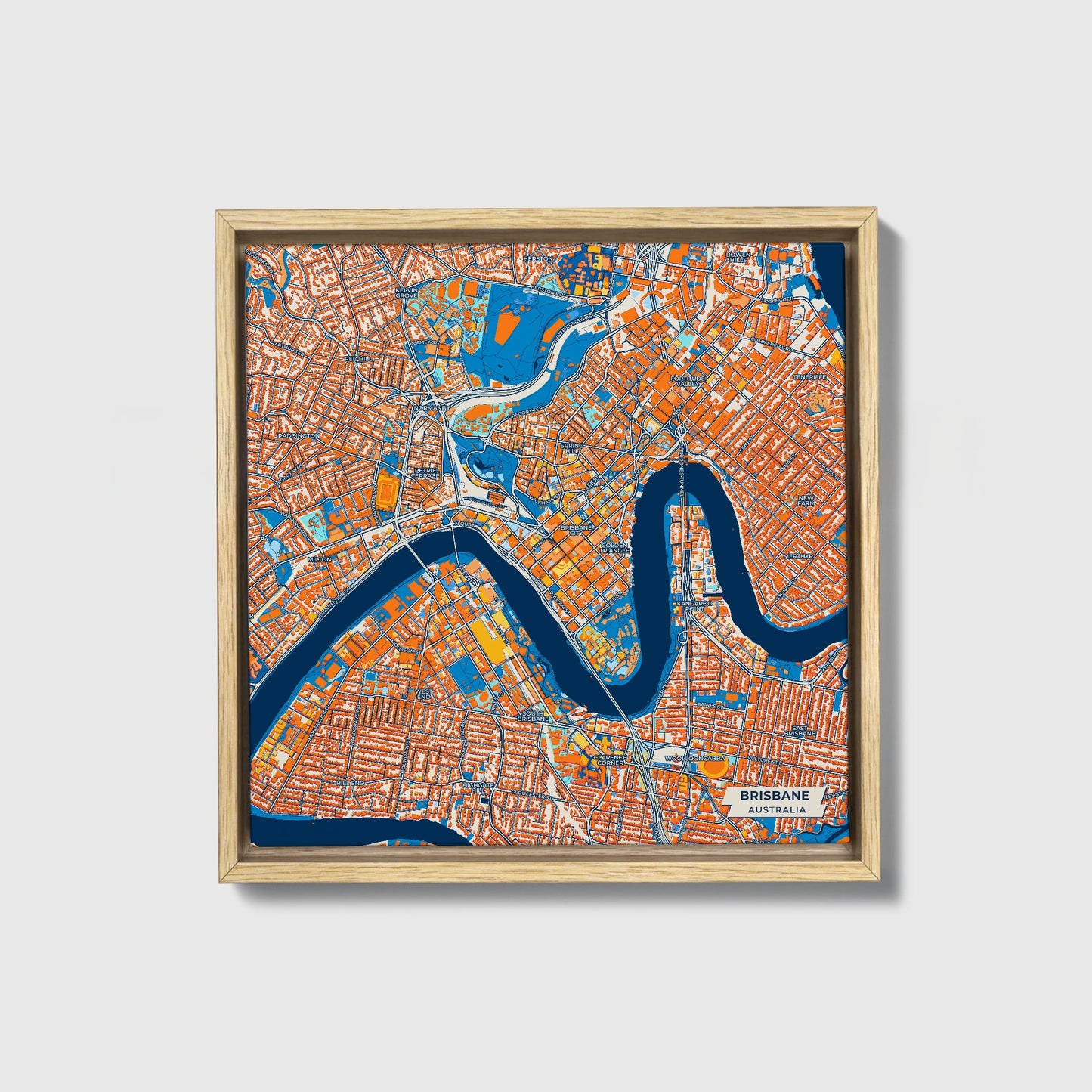 Brisbane Australia Colorful City Map Canvas Print • Natural Wooden Framed