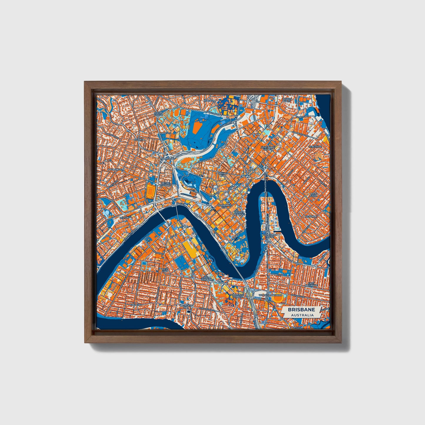 Brisbane Australia Colorful City Map Canvas Print • Dark Wooden Framed