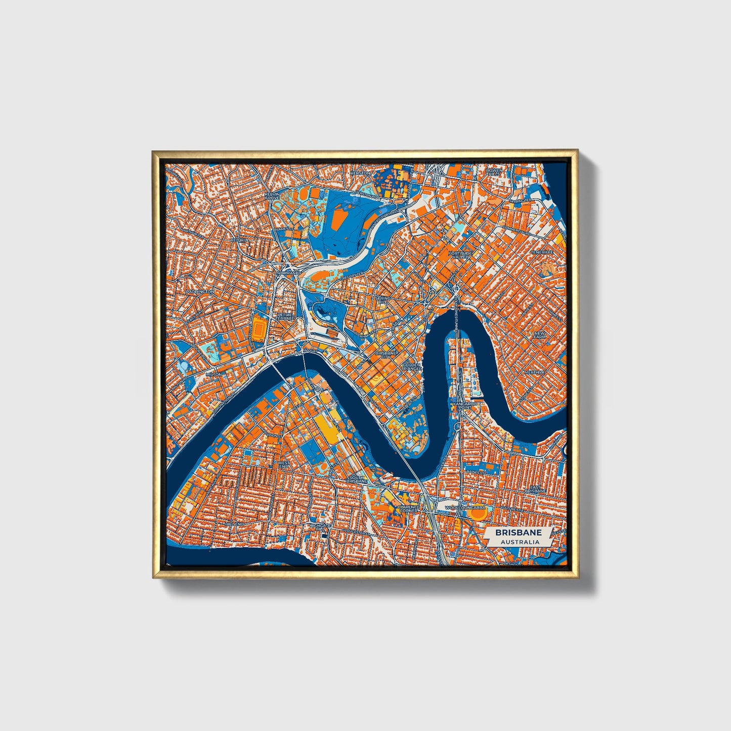 Brisbane Australia Colorful City Map Canvas Print • Gold Framed