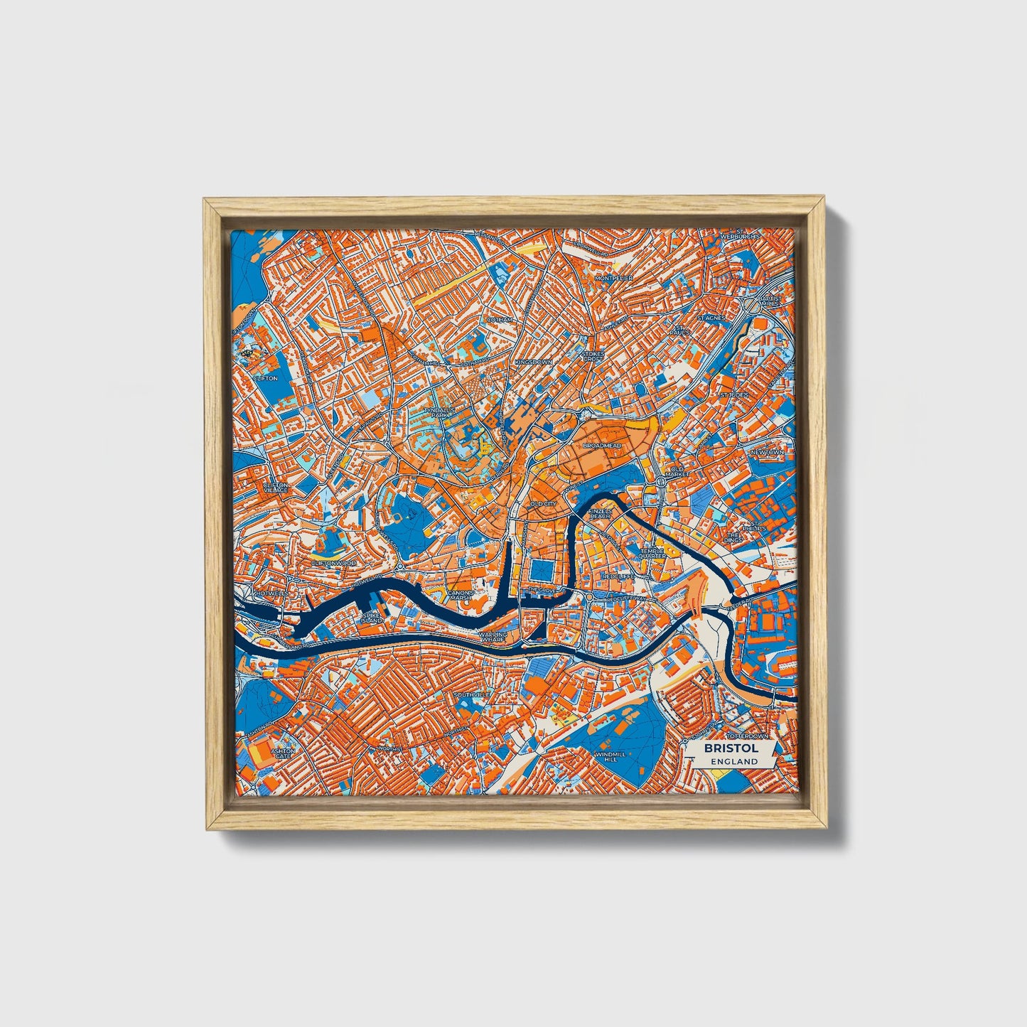 Bristol England Colorful City Map Canvas Print • Natural Wooden Framed