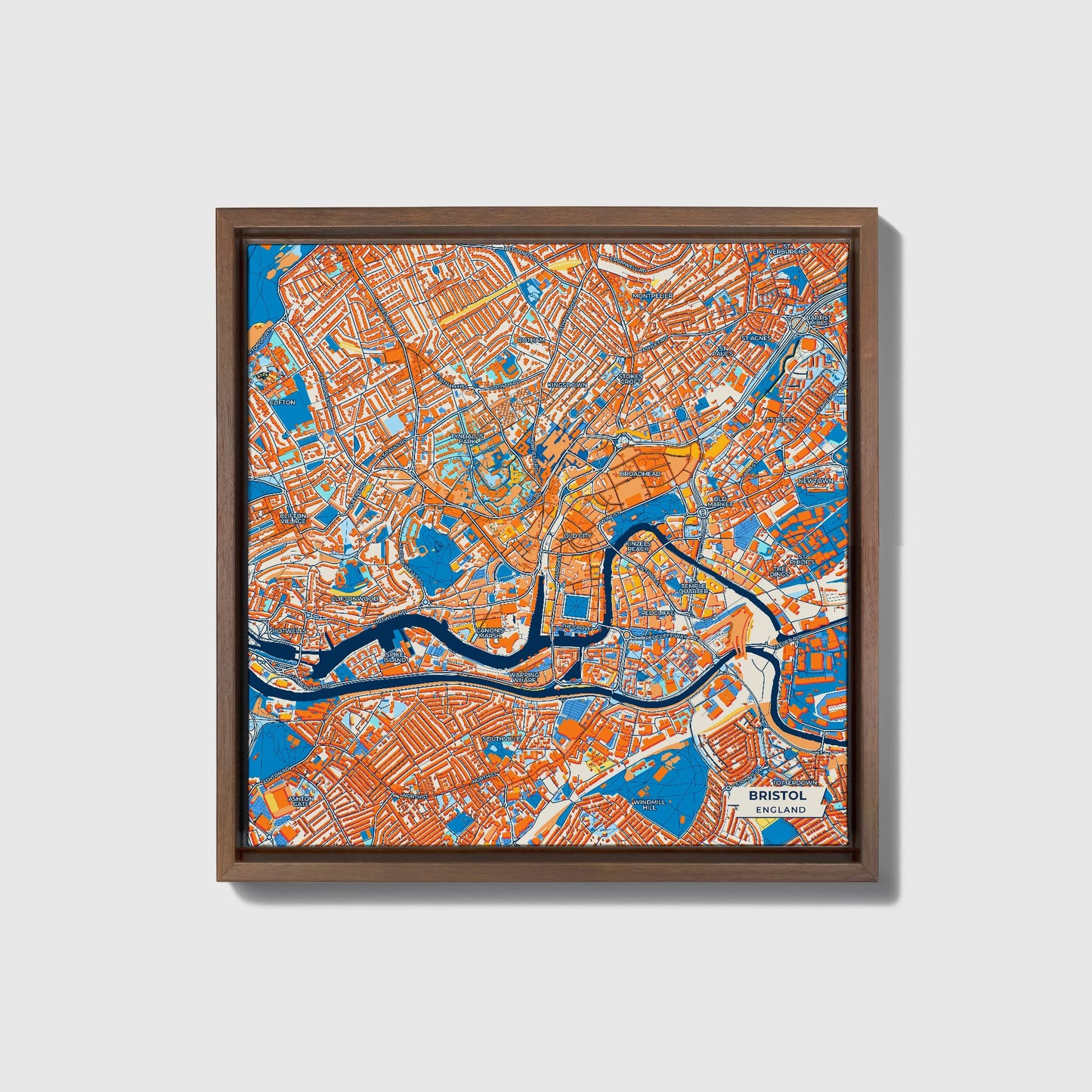 Bristol England Colorful City Map Canvas Print • Dark Wooden Framed
