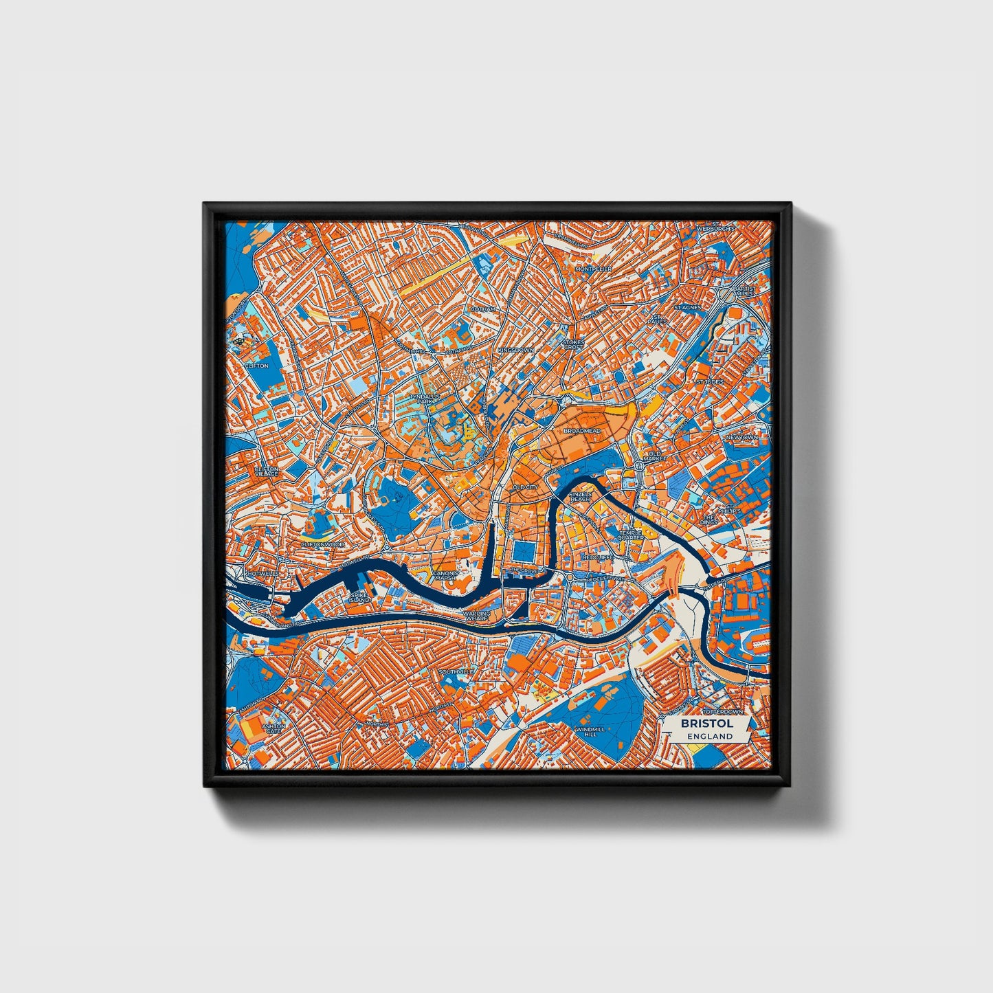 Bristol England Colorful City Map Canvas Print • Black Framed